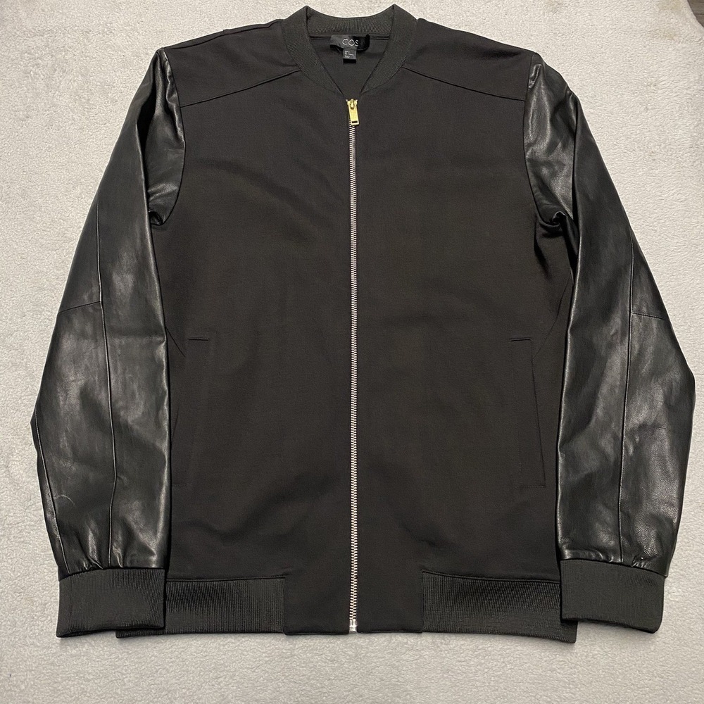 COS Jacket Womens Small Black Leather Sleeves Full Zip Minimalist Classic